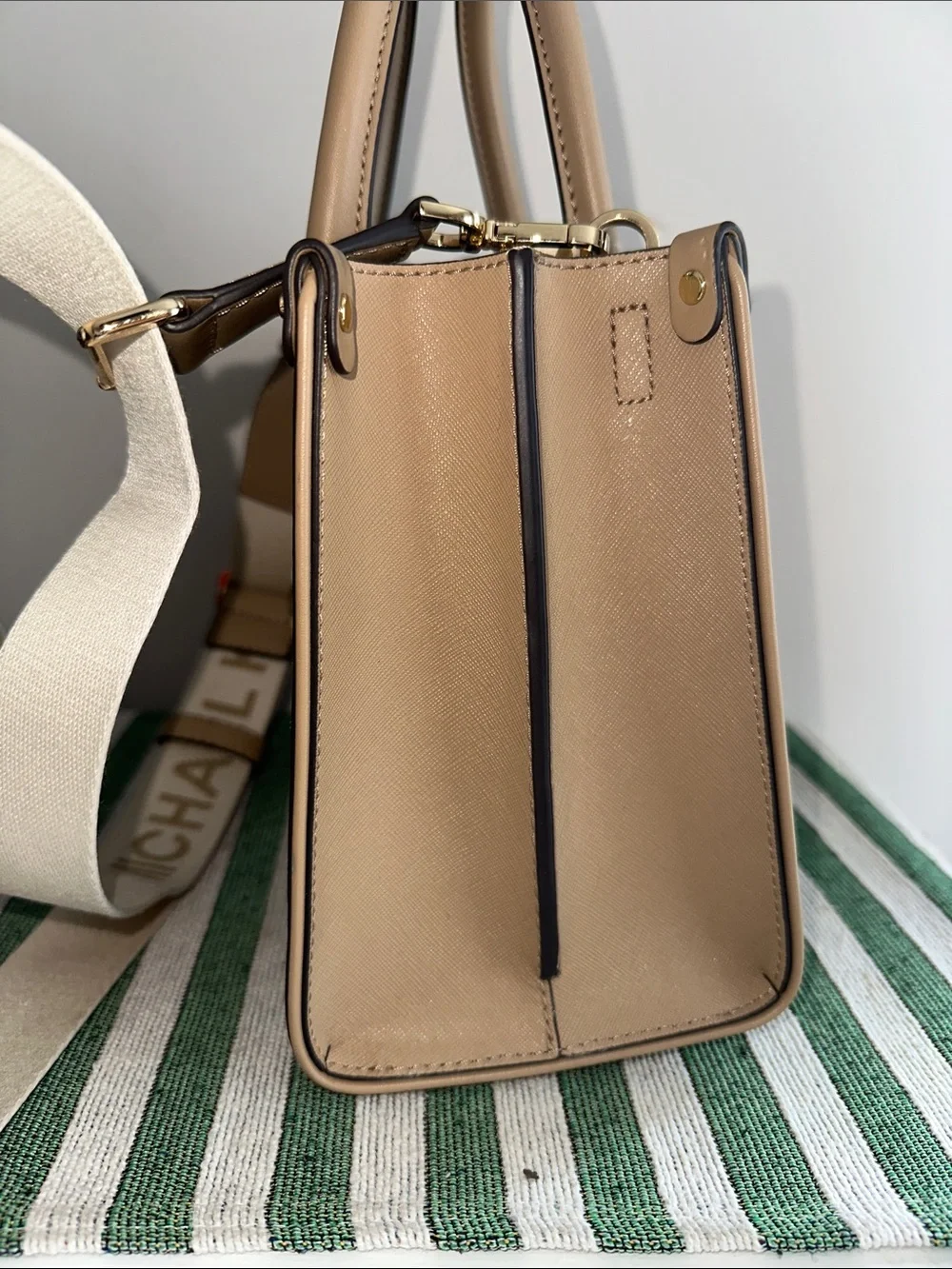 Michael Kors Saffiano Leather Satchel in Beige with Gold Hardware